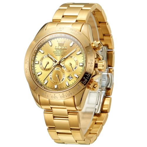 OLEVS 腕時計 メンズ ゴールド 機械式うで時計 メンズ 人気 時計 自動巻き 金色 ベルト 3気圧防水 夜光 カレンダー 日付 スケルトン ファッション 高級